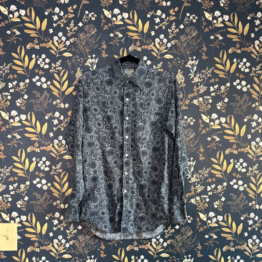 Vintage Lucky Brand Black and Gray Patterned Linen Summer Men’s Shirt Size XS